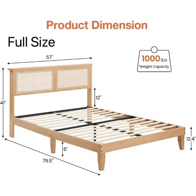 Garvee Full/Queen Size Rattan Bed Frame with Natural Rattan Headboard, Boho Style with LED Lights, Solid Wood Slats, No Box Spring Needed