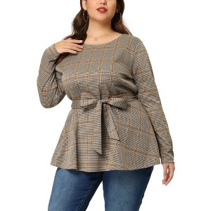 Agnes Orinda Women's Plus Size Houndstooth Formal Outfits Plaid Tie Waist Workwear Blouses - 1 of 4