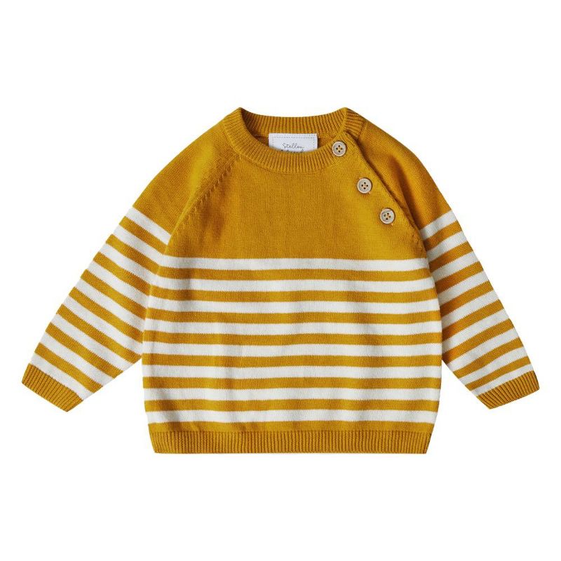 Stellou & Friends 100% Cotton Knit Striped Baby Toddler Boys Girls Long Sleeve Sweater with Shoulder Button Closure, 1 of 7