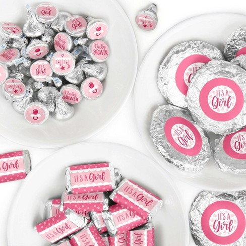 Big Dot of Happiness - It's A Girl - Mini Candy Bar Wrappers, Round Candy Stickers and Circle Stickers - Pink Baby Shower Candy Favor Sticker Kit - 304 Pieces