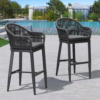 PURPLE LEAF Outdoor Bar Stools Set of 2 Patio Metal Modern Wicker Bar Chairs Woven Aluminum Barstools