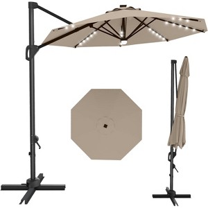 TackView 10Ft Patio Cantilever Umbrella with Solar LED Lights, 8 Ribs Offset Market Umbrella, 360-Degree Rotation, with Cross Base for Backyard - 1 of 4