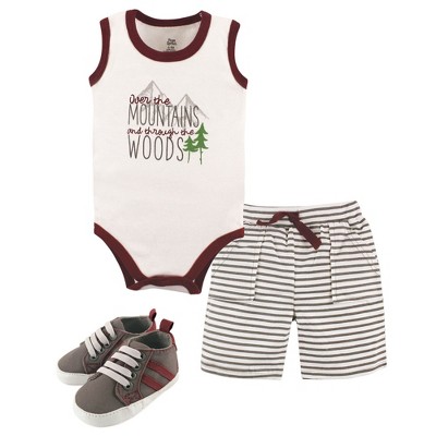 Yoga Sprout Baby Boy Cotton Layette and Shoe 3pc Set, Mountains