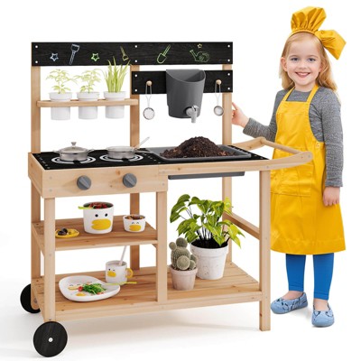 Infans Mud Kitchen with Wheels Outdoor Fir Wood Play Kitchen w/Blackboard,Planting Pots