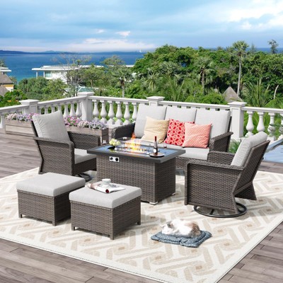 Brafab 6-Piece Patio Furniture Set with Fire Pit Table 44" and Swivel Chairs Outdoor Patio Conversation Sets for Yard, Garden, Porch