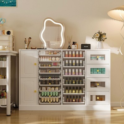 White Acrylic Nail Polish Rack Cabinet with Transparent Drawers Vanity Storage with Golden Handles Dresser Closet Cabinet