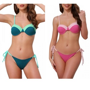 INSPIRE CHIC Women's Contrast Color Ribbed Triangle Bottom Swimwear Bathing Bikini Suits 2 Sets - 1 of 4