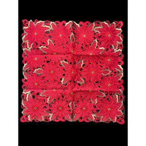 Poinsettia and Green Leaf Embroidered Cutwork Square tablecloth, 36 inch Square - 1 of 4
