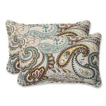 2pc Outdoor Lumbar Throw Pillows Tamara Paisley Blue/Brown - Pillow Perfect