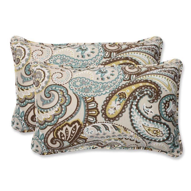 2pc Outdoor Lumbar Throw Pillows Tamara Paisley Blue/Brown - Pillow Perfect, 1 of 5