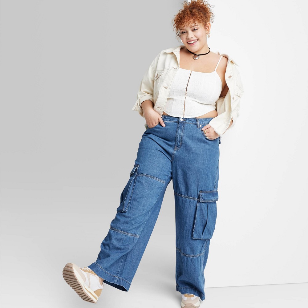 Women's Mid-Rise Cargo Baggy Wide Leg Utility Jeans - Wild Fable™ Medium Wash 00