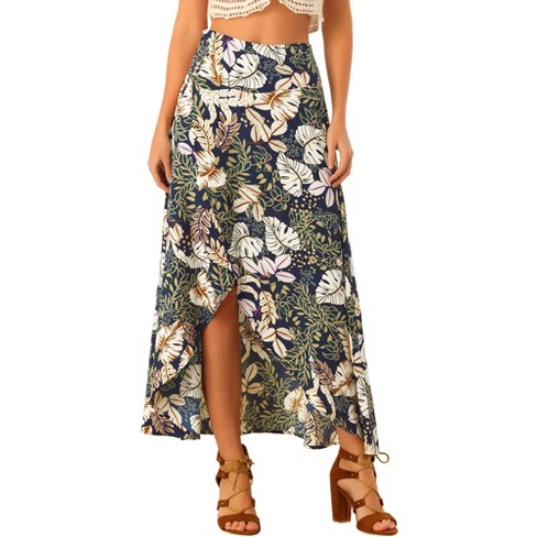 Allegra K Women's Tropical Smocked Waist High Low Flowy Maxi Skirt Dark ...