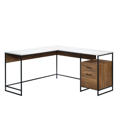 Tremont Row L-Shaped Desk with White Top Sindoori Mango - Sauder: Executive Corner Workstation with Drawers & Shelf