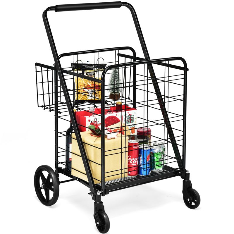 Folding Shopping Cart Jumbo Double Basket Grocery Cart with Wheels Black Silver, 3 of 6