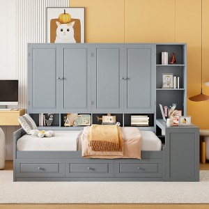 Twin/Full Size Wooden Daybed with All-in-One Desk, Shelves & 3 Drawers, Space-Saving Furniture with 400lb Capacity, White/Gray - ModernLuxe - 1 of 4