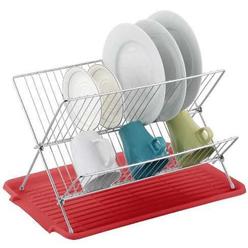 J&V TEXTILES Foldable Dish Drying Rack with Drainboard, Stainless Steel 2  Tier Dish Drainer Rack (Red)