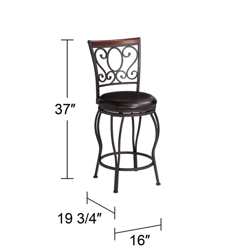 55 Downing Street Alberta Metal Swivel Bar Stools Set of 2 Black 24" High Traditional Brown Faux Leather with Backrest Footrest for Kitchen Counter, 4 of 10