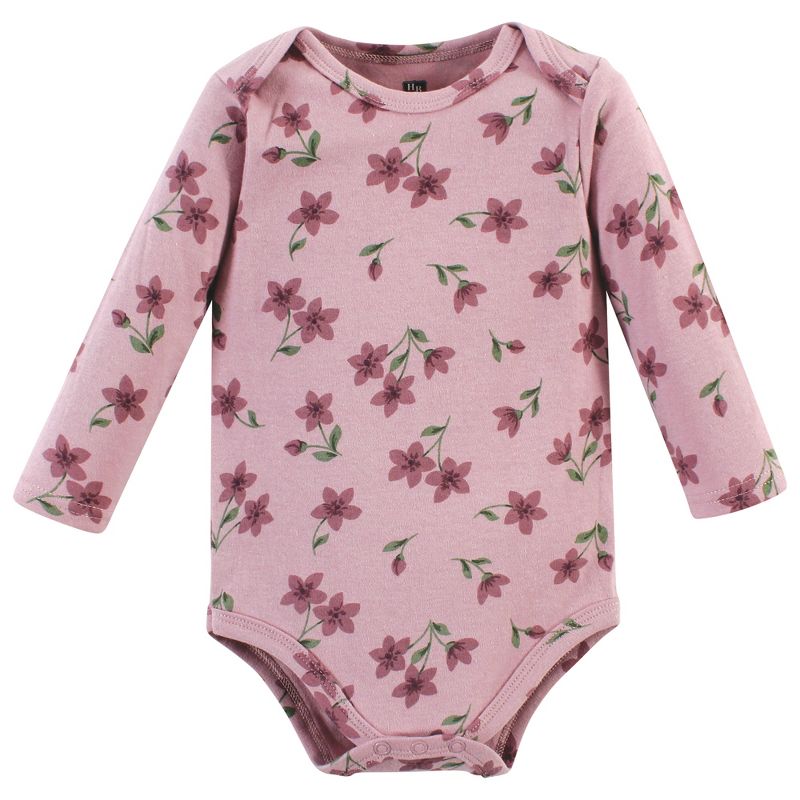 Hudson Baby Infant Girl Cotton Bodysuit and Pant Set, Plum Wildflower Long Sleeve, 4 of 6