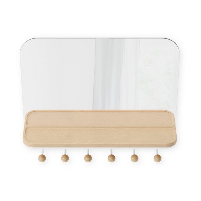 White Wood Rectangular Mirror with Hooks and Tray