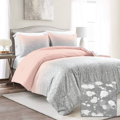 3pc Full/Queen Glitter Ombre Metallic Print Comforter Set Blush/Gray - Lush Décor