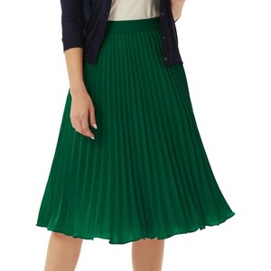 Women High Elastic Waist Pleated Chiffon Skirt Midi Swing A-line Skirts Dark Green - 1 of 4