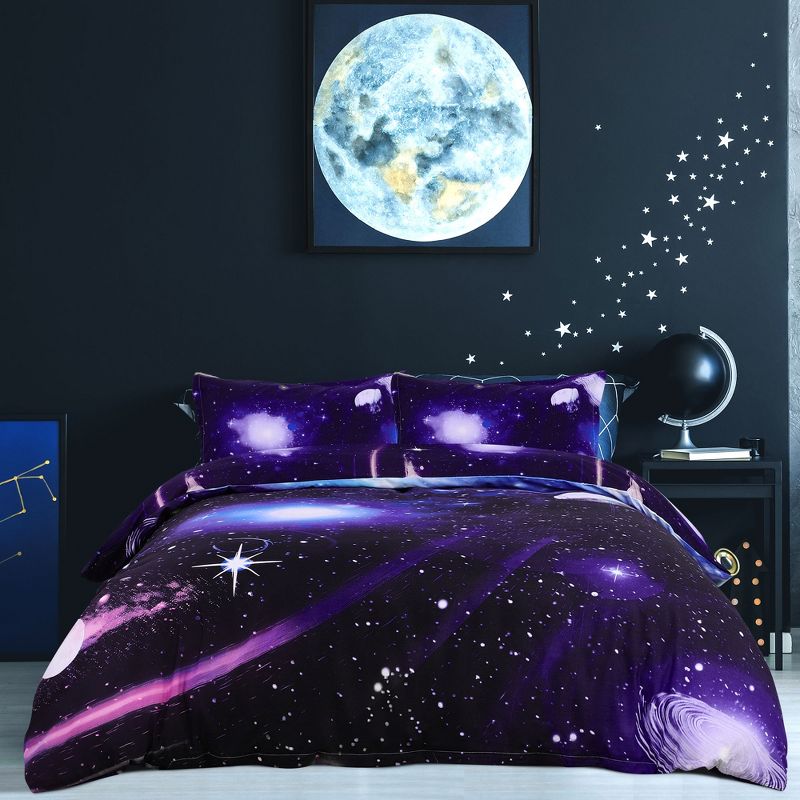 PiccoCasa Polyester Galaxy Sky Cosmos Night Pattern 3D Printed Duvet Cover Set with 2 Pillowcases 4 Pcs Queen Dark Purple, 2 of 9