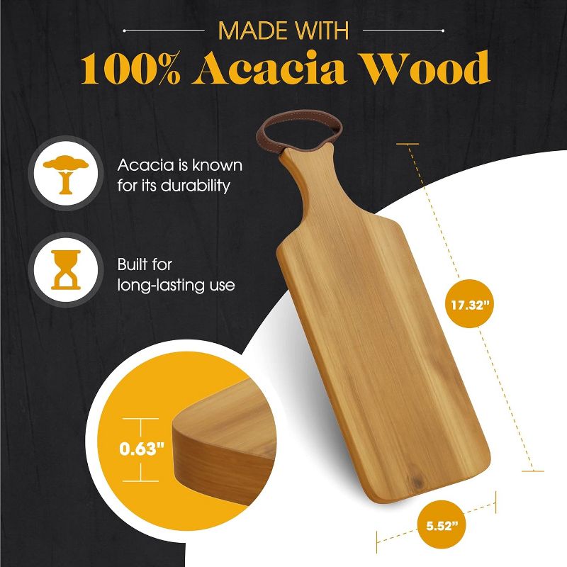 American Atelier Acacia Wood Cutting Board with Leather Handle, 17 x 5.5, 3 of 9