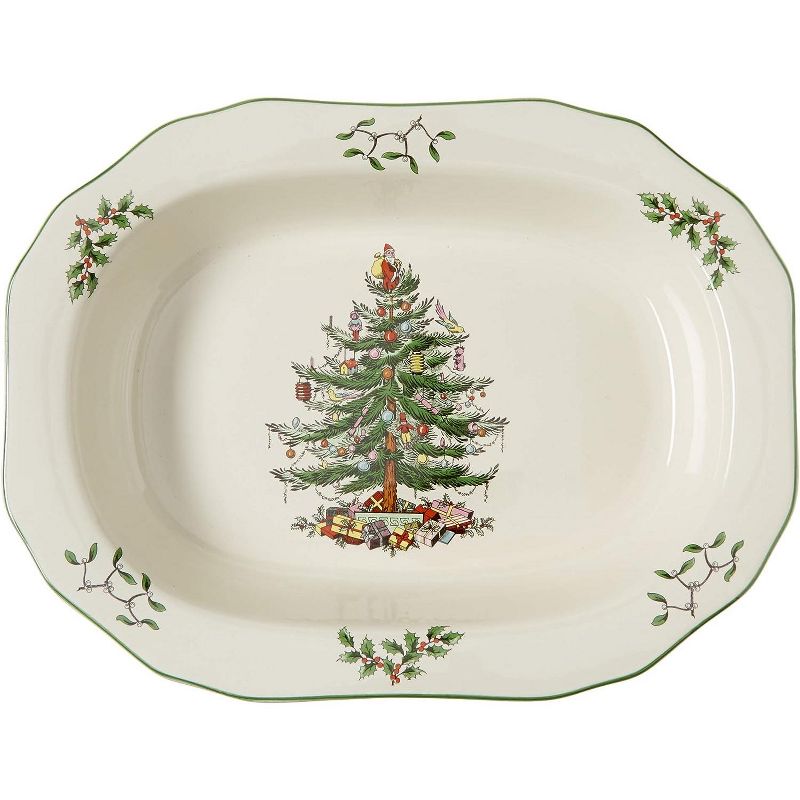 Spode Christmas Tree Open Vegetable Dish, 11.5 Inch Festive Earthenware Serving Bowl with Holiday Green Trim, 2 of 7