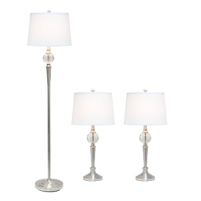 Elegant Silver Crystal Drop Floor & Table Lamp Trio Set with White Shades