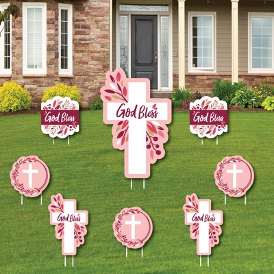 Big Dot of Happiness Pink Elegant Cross - Yard Sign and Outdoor Lawn Decorations - Girl Religious Party Yard Signs - Set of 8