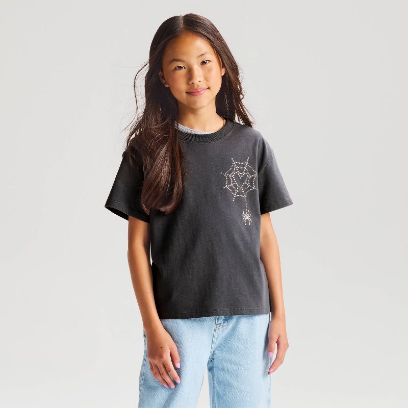 Girls' Short Sleeve Halloween 'Spiderweb Heart' Oversized Graphic T-Shirt - Cat & Jack™ Black XS