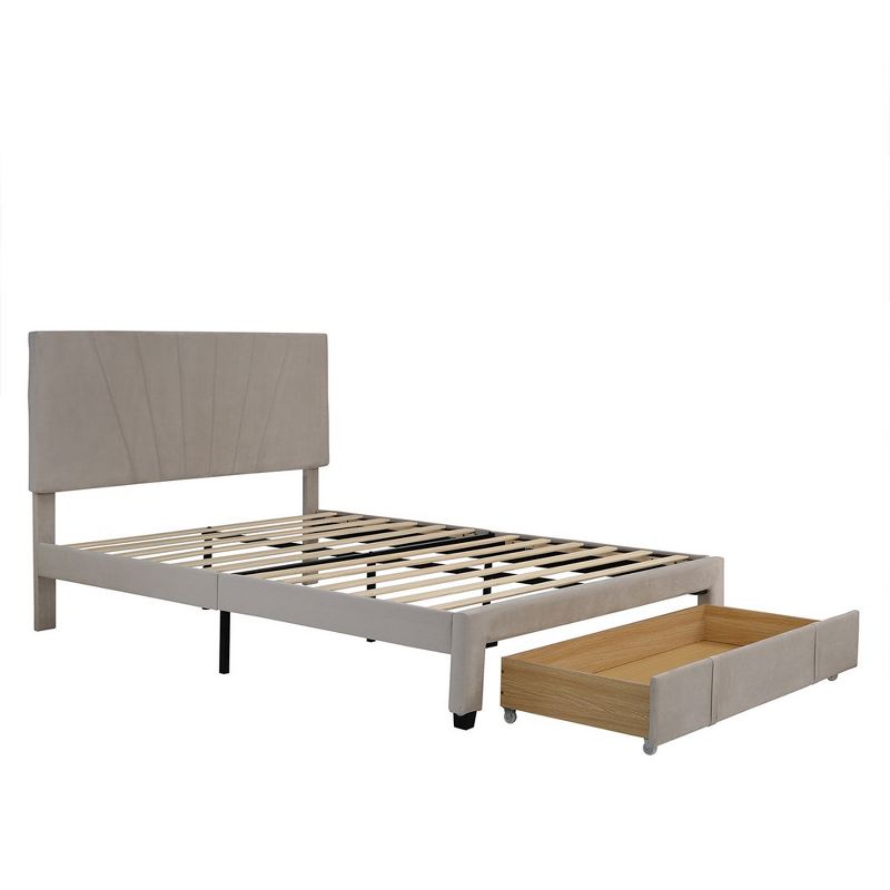 Queen Upholstered Bed Frame, Queen Platform Bed With 12 Wooden Slats Support, Velvet Headboard, Up To 500lbs Support, 4 of 7