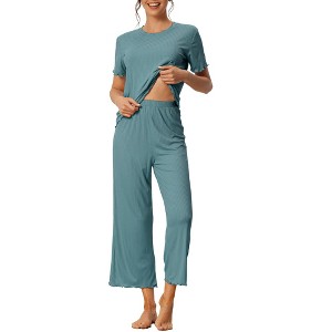 cheibear Women's Pajama Set Ruffle Round Neck Soft Knit Short Sleeve Shirt with Pants Capri Loungewear - 1 of 4
