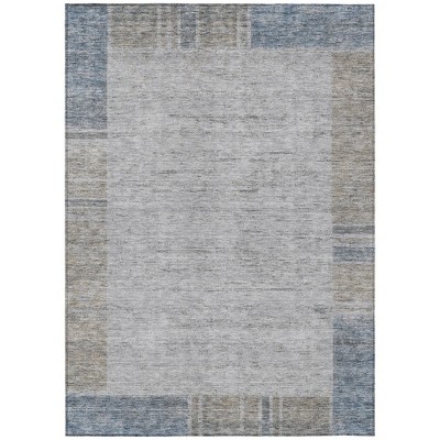 Taupe Beige And Blue Geometric Washable Indoor Outdoor Area Rug