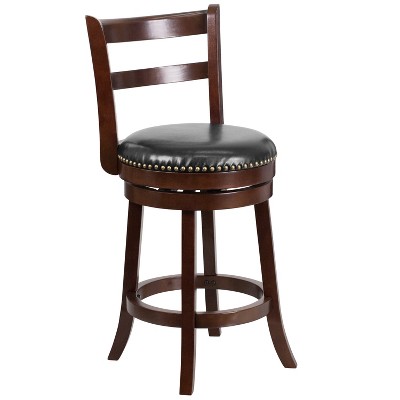 Flash Furniture 26'' High Cappuccino Wood Counter Height Stool with Single Slat Ladder Back and Black LeatherSoft Swivel Seat