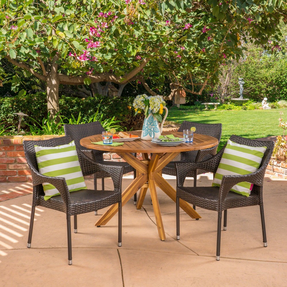 Photos - Garden Furniture Natividad 5pc Acacia & Wicker Dining Set - Teak/Brown - Christopher Knight