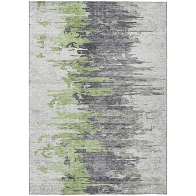 Green And Silver Abstract Washable Indoor Outdoor Area Rug
