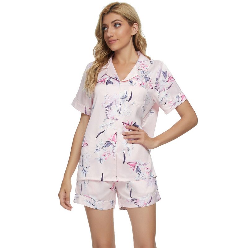 cheibear Women's Floral Button Down Shirt Shorts Satin Pajama Set 2 Pcs, 2 of 6