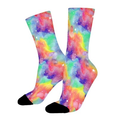 Rainbow Watercolour Nebula Women Printed Crew Socks Funny Funky Socks Soft Polyester Novelty Gifts for Artists Men