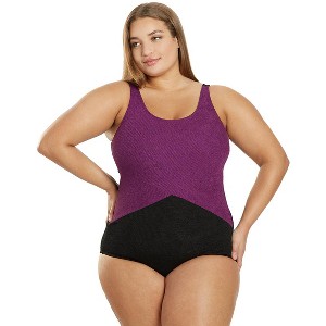 Sporti Sporti Plus Size Textured Chlorine Resistance Asymmetric Colorblock One Piece Slimsuit Black/Amethyst 18W - 1 of 4