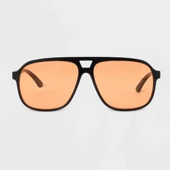 Men's Shiny Plastic Aviator Sunglasses with Orange Lenses - Original Use™ Black