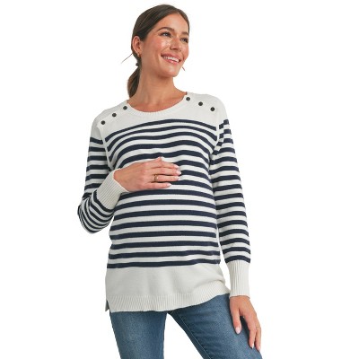 Hello Miz Women's Striped Button Shoulder Maternity Sweater Top