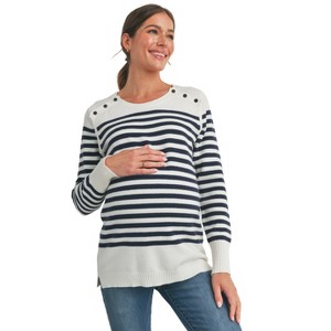 Hello Miz Women's Striped Button Shoulder Maternity Sweater Top - 1 of 4