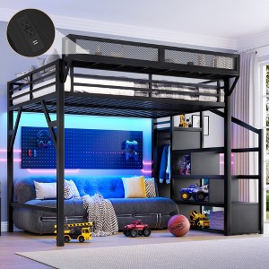 Queen Size Metal Loft Bed with Storage Stairs, Shelves and Built-in Wardrobe - 1 of 4
