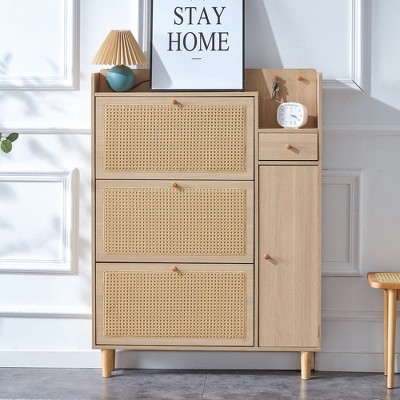 Freestanding Shoe Cabinet With 3 Flip Drawers Rattan Shoe Storage Organizer Household Furniture For Entryway, Natural
