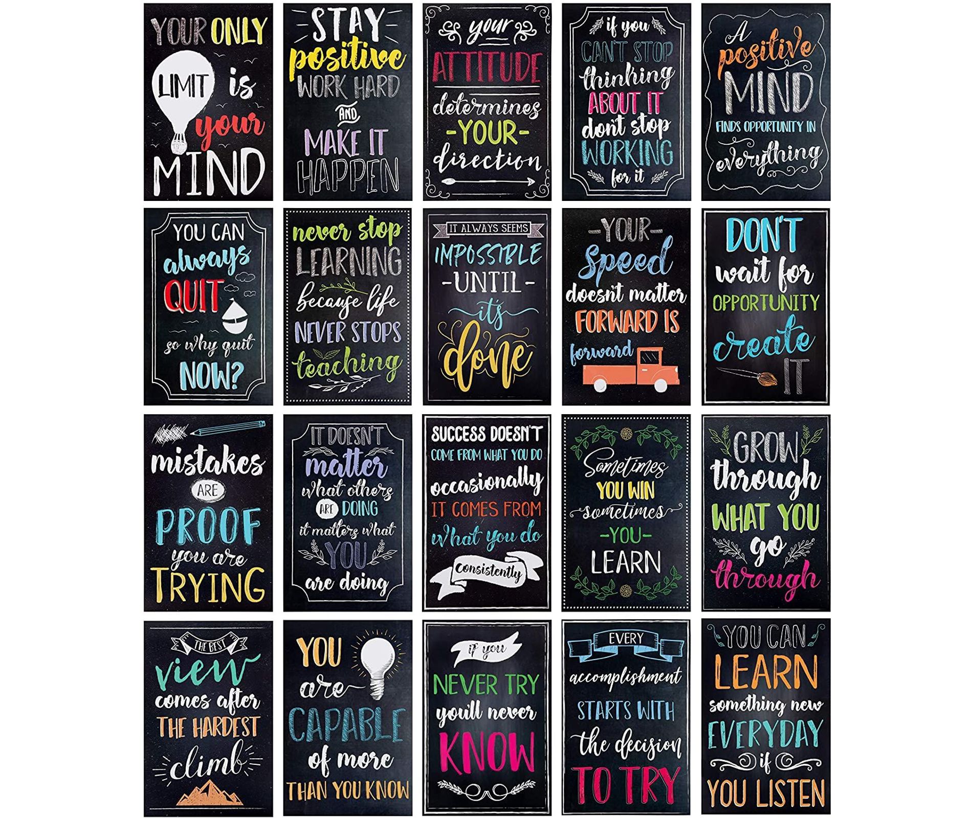 Paper Junkie 20 Pack Motivational Posters with Positive Quotes for Middle and High School Classrooms, Bulletin Boards, and Gifts, 13 x 19 In