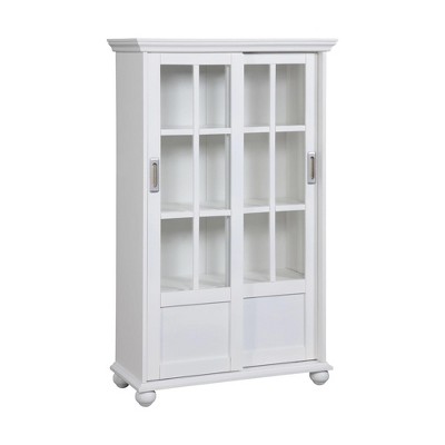 White Adjustable Wood Bookcase with Sliding Glass Doors