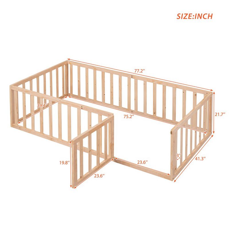 Twin Size Wood Floor Bed Frame With Full-Length Guardrail And Door, Versatile Open-Row Design Baby Play House, No Mattress, 4 of 8
