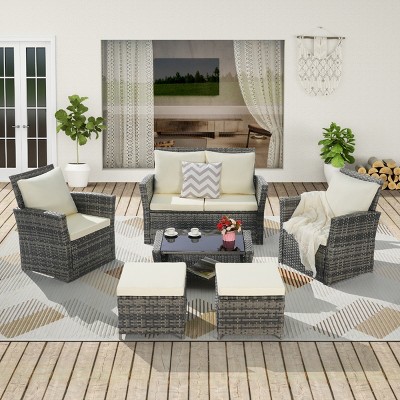 6 Piece Wicker Garden Sofa Set,Wicker Outdoor Patio Furniture Conversation Set,Sectional Sofa with Cushions,Ottoman and Coffee Table-Coolbibila