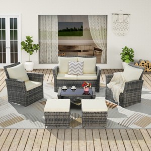 Outdoor 6 Piece Furniture Set, All Weather PE Rattan Sofa Set with Chairs and Table, Armrest Sofas With Cushions and Ottoman-Coolbibila - 1 of 4